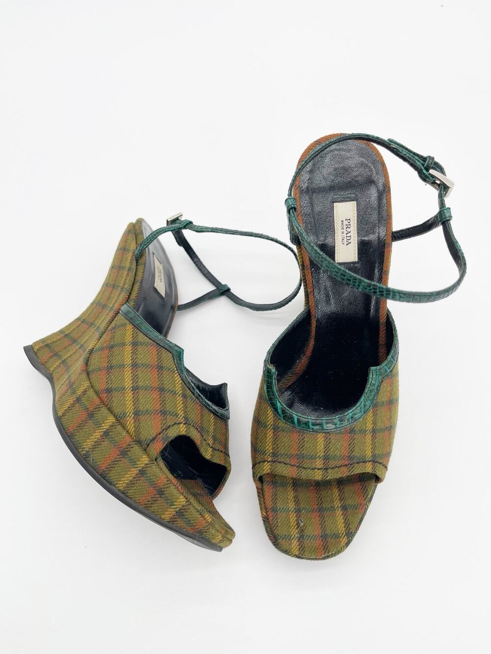 Prada Fall 2004 Runway Green Plaid Croc Trim Sculptural Wedge Sandals IT 39.5